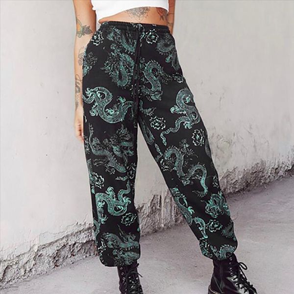 

womens dragon print cargo pants tapered carrot loose trousers summer breathable streetwear bandage waist lace up pants @d24, Black;white