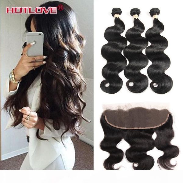 

fashion malaysian virgin 3 hair body wave lace frontal with virgin hair 13x4 ear to ear lace frontal closure malaysian body wave, Black;brown