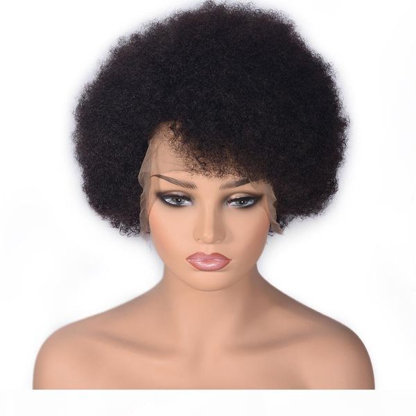 

short kinky curly lace front wig with baby hair 13x4 brazilian remy human hair wig with baby hair bleached knots for women favor, Black;brown