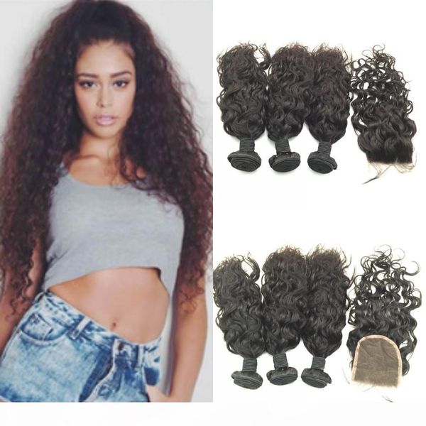 

7a brazilian virgin hair with closure 3 bundles with closure rosa hair products brailian water wave human hair weave with closure, Black