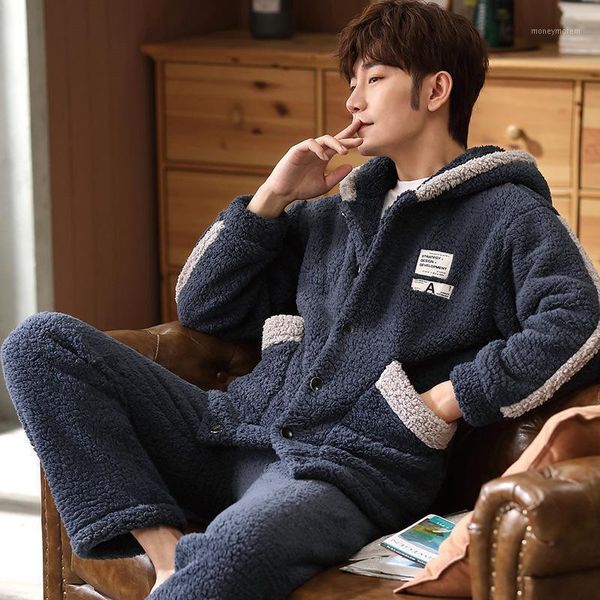 

men's sleepwear pijama invierno hombre autumn and winter men's pajamas coral fleece thickened warm flannel lamb velvet home servic, Black;brown