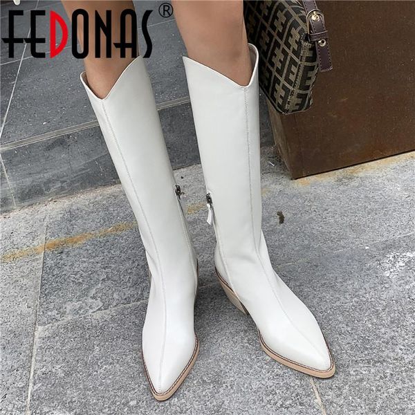 

fedonas vintage side zipper slim long shoes 2020 fall winter thick heels women's shoes female wedding office knee high boots, Black