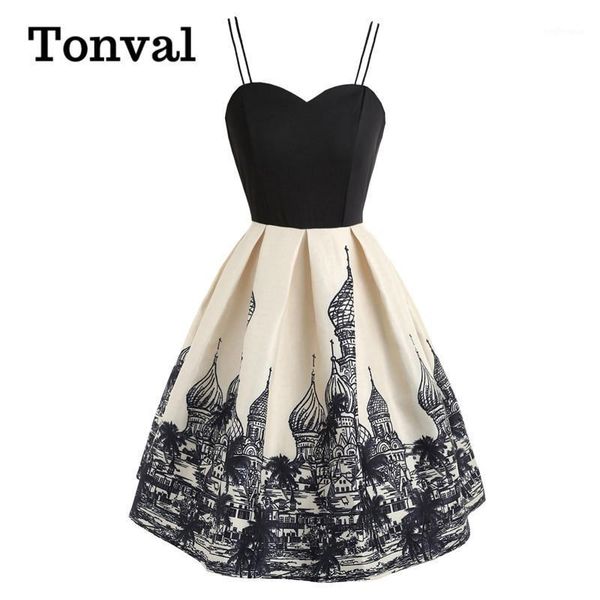 

tonval building print pleated vintage robe women pinup dress spaghetti strap party female fit and flare summer dresses1, Black;gray