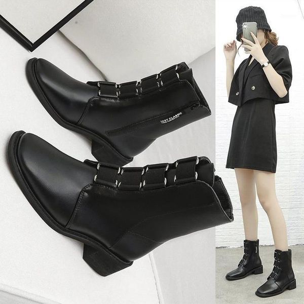 

women square heels winter ankle boots ladies warm plush women's zipper platform female footwear pu leather boots fashion1, Black