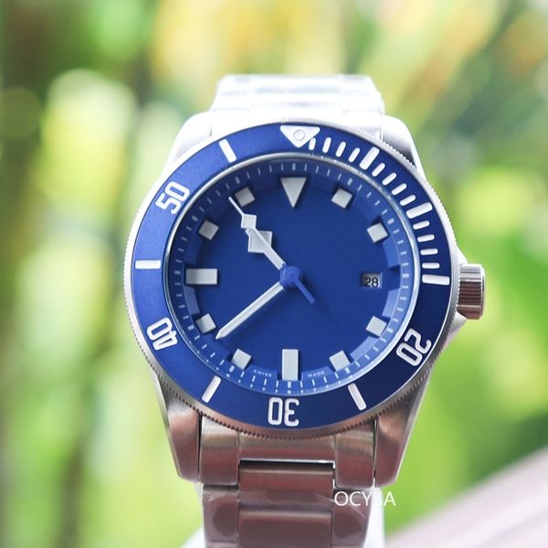 

men's automatic sports luxury watch 42.5mm men's luminous pointer sterile blue, black dial mineral glass calendar fold buckle, Slivery;brown