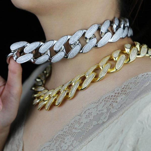 

chokers 30mm big cuban link chain choker gold silver color iced out bling 4 raw cz necklace for women hiphop jewelry, Golden;silver