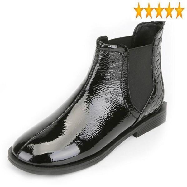 

boots brand 2021 spring autumn womens patent leather flat british square toe slip on elastic mouth black female ankle boots1