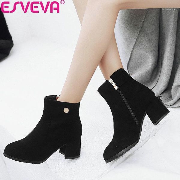 

boots esveva 2021 winter ankle square high heels women shoes zip flock short plush solid woman round toe basic 34-431, Black
