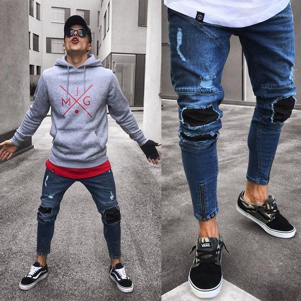 

2018 fashion men ripped skinny biker jeans destroyed frayed slim fit denim pencil pant vintage hole pleated biker jean11, Blue