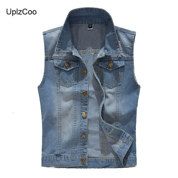 

uplzcoo new men denim vest light blue fashion male jacket sleeveless casual vest men's denim slim 5xl men's jacket fm077, Black;white