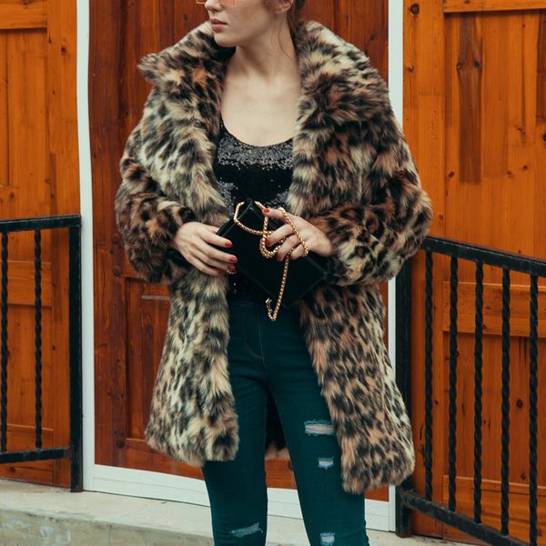 

fashion new womens leopard faux winter thicken warm long sleeve slim fur coat outerwear elegant trench overcoats 3xl