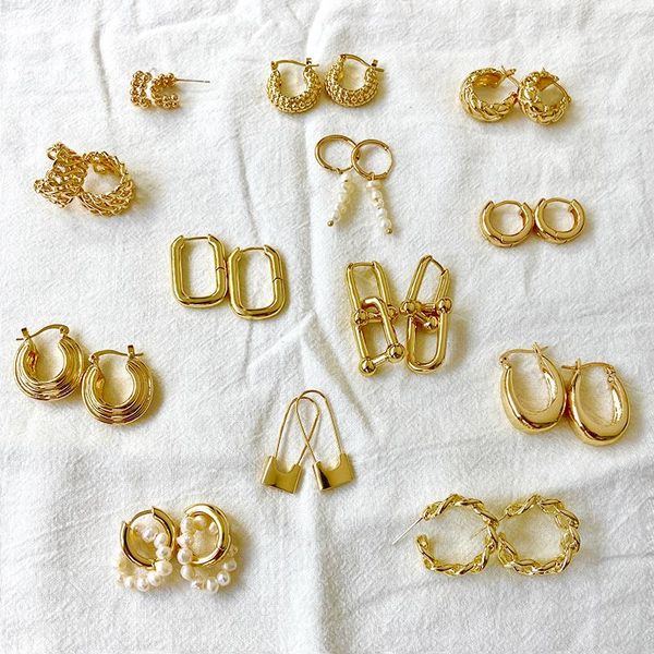 

17km punk minimalist chain copper hoop earring for women elegant circle pearl earrings simple round brincos jewelry pendientes, Golden;silver