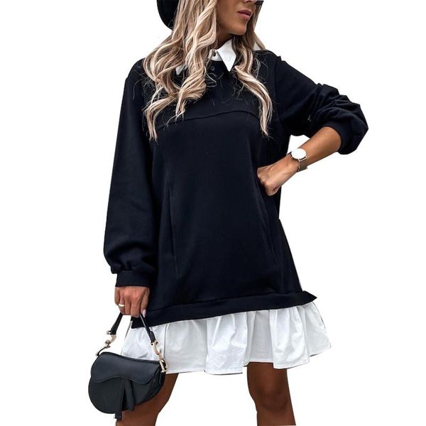 

women autumn turn-down collar long sleeve patchwork buttons sweatshirt, Black;gray