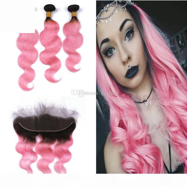 

new arrival 1b pink hair bundles with lace frontal brazilian body wave 1b pink hair with ear to ear full lace frontal 13*4, Black