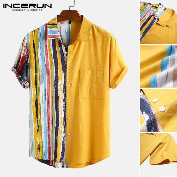 

incerun men fashion striped patchwork shirts casual short sleeve lapel printed shirt summer loose holiday hawaiian camisa s-3xl71, White;black