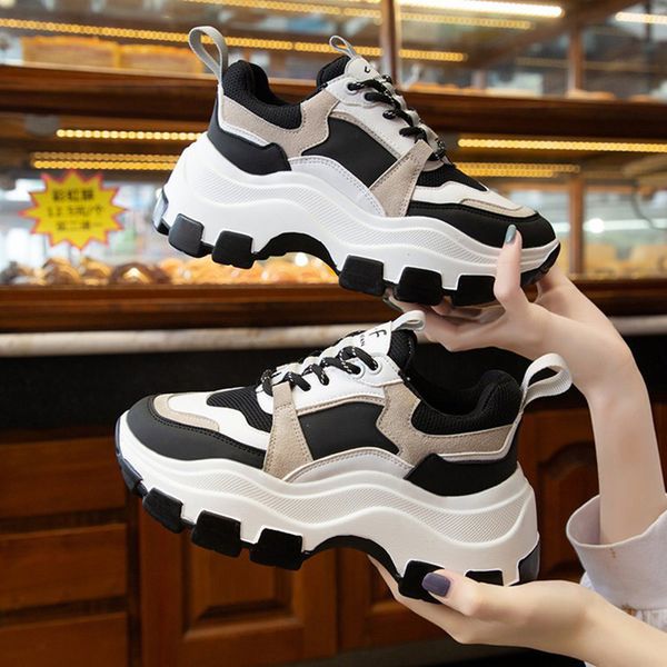 

women sneakers fashion chunky shoes thick sole female mesh lace up platform vulcanize shoes casual footwear white walking shoes 1020, Black;white