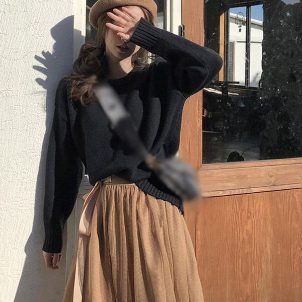 

autumn winter loose sweater women casual o-neck sweaters korean fashion knitted kg-305, White;black