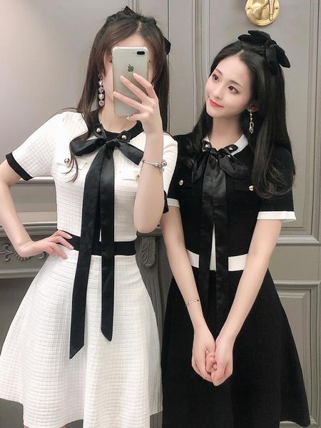 

women's dress 2020 summer new french hepburn wind bow tie temperament short sleeve waist slimming knitted dress female, Black;gray