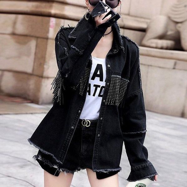 

2020 fall new jean jacket women lapel edging washed tassel button metal rivet loose denim jacket women's, Black;brown