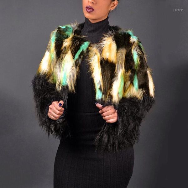 

winter 2020 fashion faux fur coat women short jacket female patchwork color outerwear thick women winter fake fur coats femme1, Black