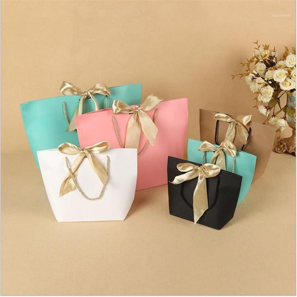 

2pcs/lot wedding birthday gift bag, party colorful recyclable kraft paper bag, handle shopping clothes packaging with bow ribbon1