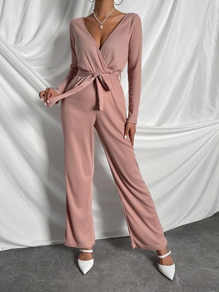 

surplice neck belted jumpsuit 616b#, White