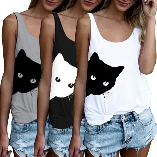 

summer women sleeveless cat t shirt loose ladies print vest black white grey tank casual crew neck