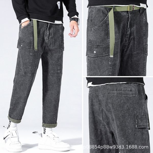 

2020 new spring and autumn overalls men's jeans loose straight tube fashion brand slim korean trend capris, Blue