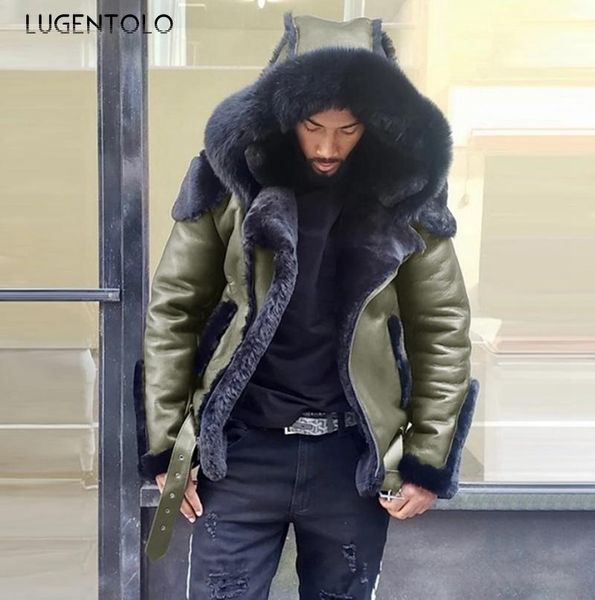 

lugentolo men faux leather jacket hooded winter large faux fur collar leather jacket zipper outer wear thick short casual coat, Black