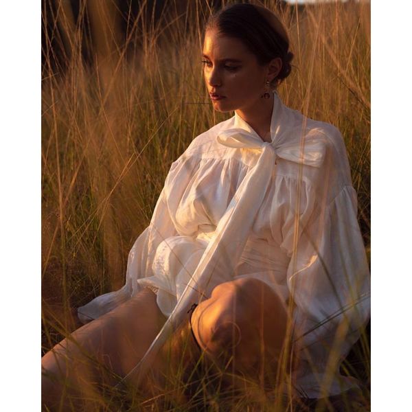 

women's blouses & shirts 10.24 women bow linen blouse 2021 chic temperament fashion asymmetrical shirt lady petal sleeve loose top, White