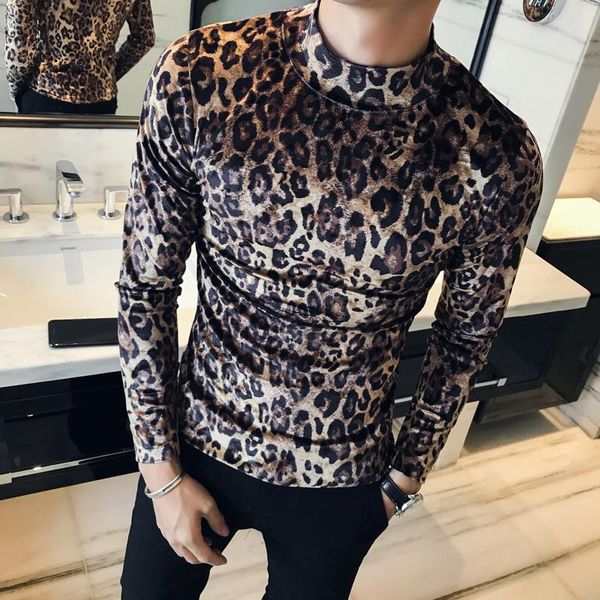 

flannel t-shirt men's autumn winter high collar slim tight t-shirt fashion leopard men's long-sleeved casual t-shir, White;black