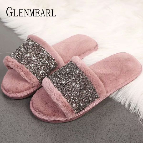 

indoor shoes women slippers flat winter warm soft non slip ladies slippers diamond home slippers female plush shoes de y200706, Black