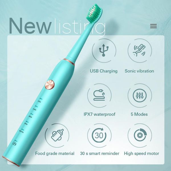 

sonic electric toothbrush usb charging 5 modes automatic teeth tooth brush with 4 replacement heads