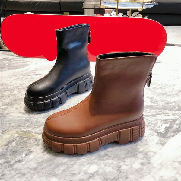 

2020 spring autumn fashion casual solid thick bottom muffin leather single shoes women short cool boots sf282, Black