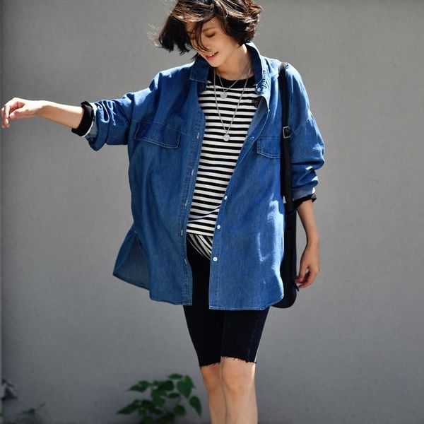 

women's blouses & shirts micoco c6620c literary and artistic leisure bf wind fake cover loose versatile medium long sleeve denim shirt, White