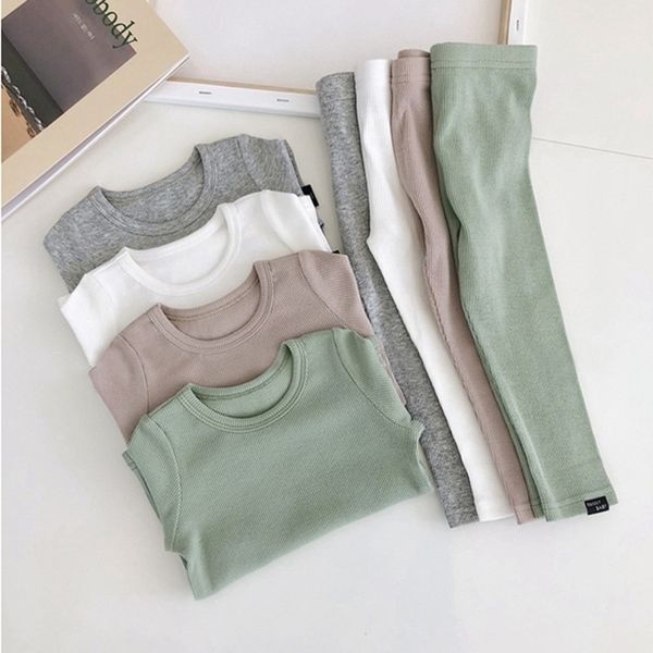 

new autumn spring children kids pajamas set baby boys girls solid cotton lounge wear home wear 2pcs elastic underwear 2t-6t 201031, White