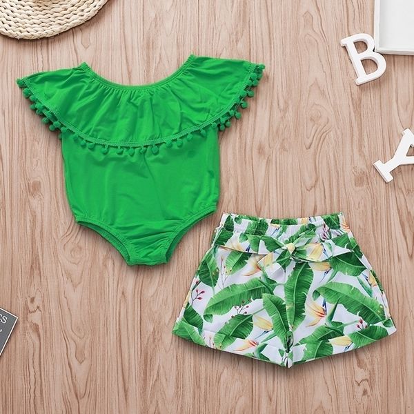 

newborn girl outfit ruffle sleeve tassel green bodysuit floral shorts baby girl 2 piece sets 6 9 months baby clothes y200803, White