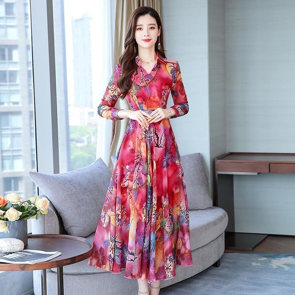 

2019 autumn new arrival elegant flower printed turn-down collar long sleeve woman chiffon long dress, Black;gray