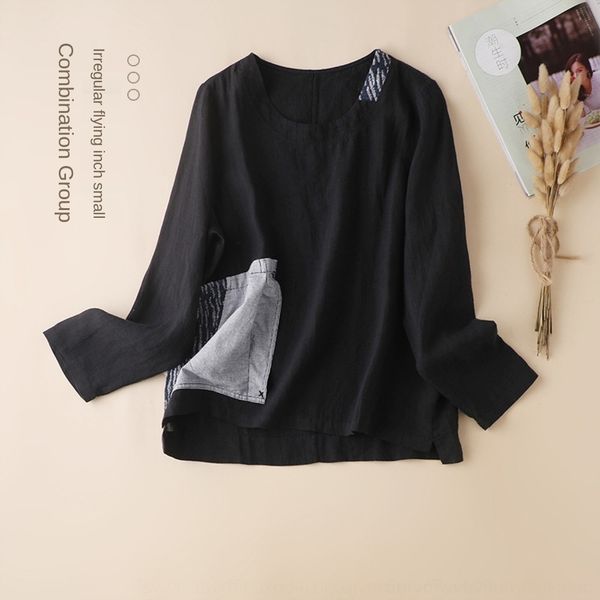 

e7bje sleeve pattern and linen cotton linenwomen's autumn splicing thousand bird linent-shirt t-shirt casual cotton linen long 1389 l, White