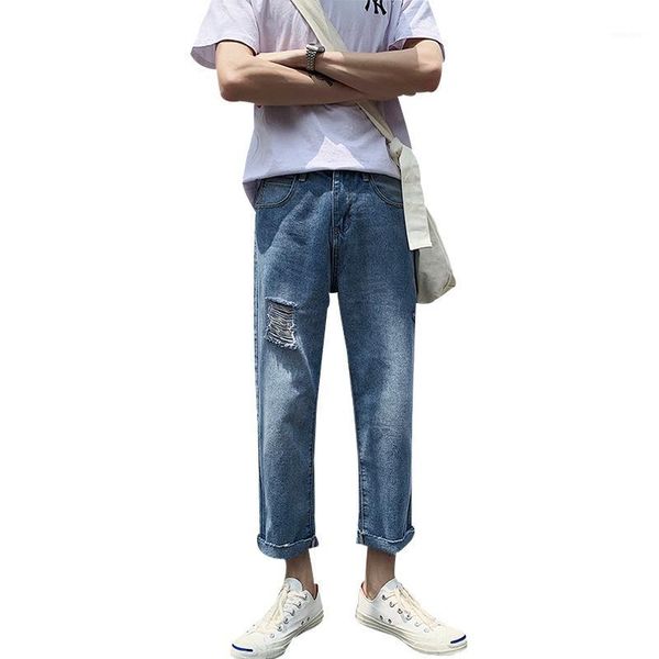 

wholesale 2020 ripped hole jeans men's loose ankle length hip hop wide legs mid waist bf beggar harem straight daddy pants1, Blue