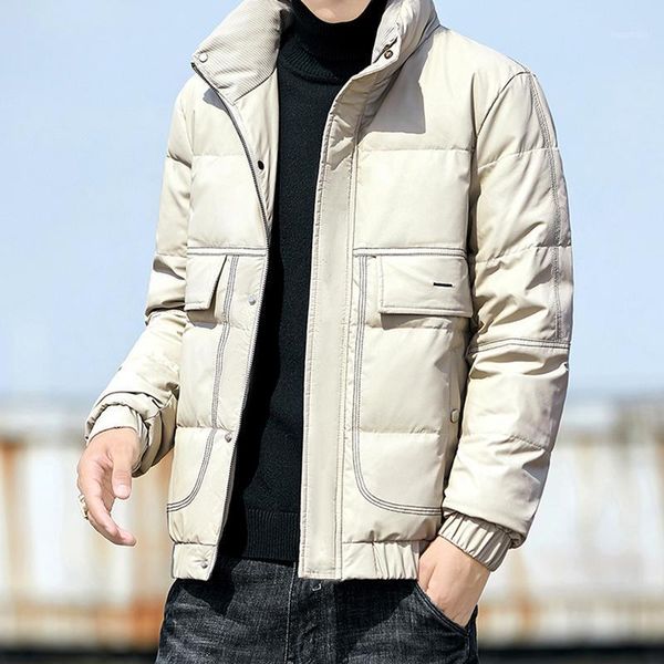 

winter 2020 new light oversize men's down jacket streetwear short fashion trend stand collar leather coat parka with big pocket1, Black