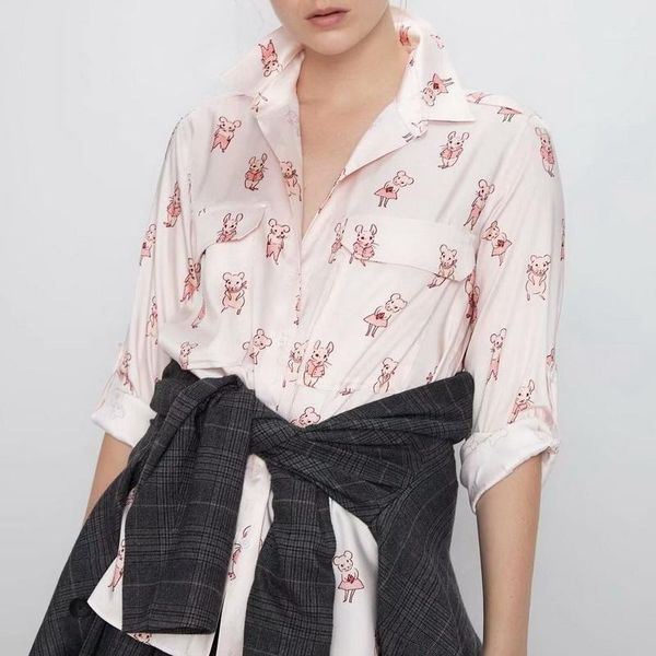 

women shirt blouse spring 2020 new fashion cartoon mouse animal prints pockets long sleeve modern lady casual shirts1, White