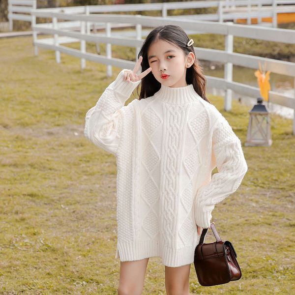

girls' sweater autumn winter 2020 new zhongda korean version medium length high collar woolen skirt thickened children's bottom, Blue