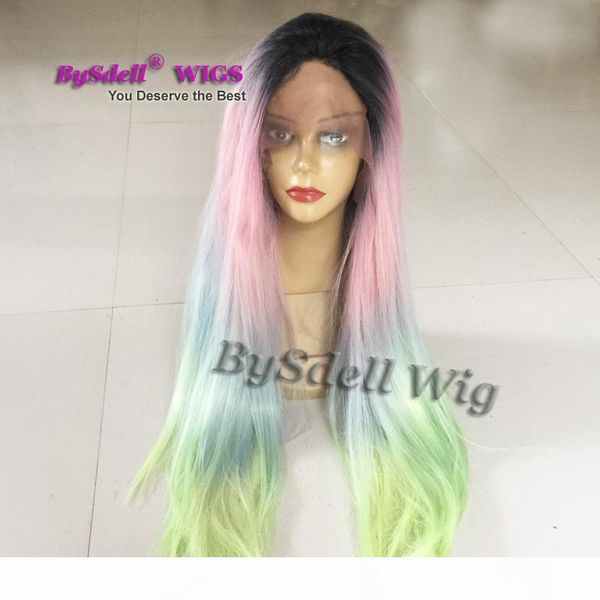 

long silk straight hair black root ombre pink blue green front lace wig heat resistant unicorn color hair fiber mermaid lace front wigs