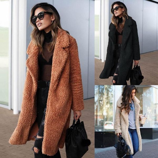 

plus size winter women thicken faux fur long coat warm soft teddy jacket female wool blends outerwear plush cardigans overcoat1, Black