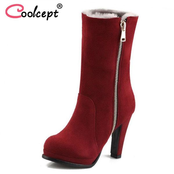 

coolcept women high heel boots genuine leather warm shoes side zipper half short botas plush fur winter footwear size 34-40, Black