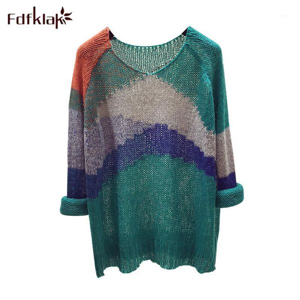 

fdfklak rainbow striped sweater women loose autumn 2019 new pullover lazy chic hollow knit blouse sweaters thin wild female 1, White;black