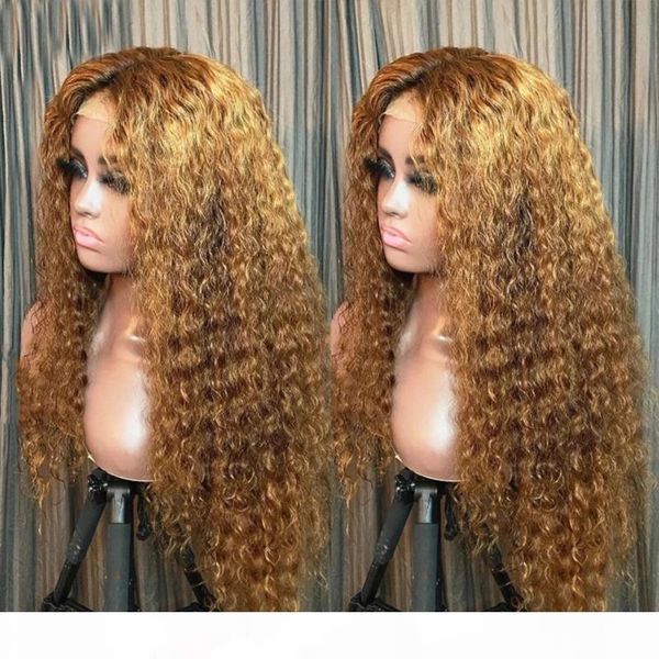 

bouncy curly ombre honey blonde lace front human hair wigs with baby hair silk base full lace wig curl headband wig 360 frontal, Black;brown