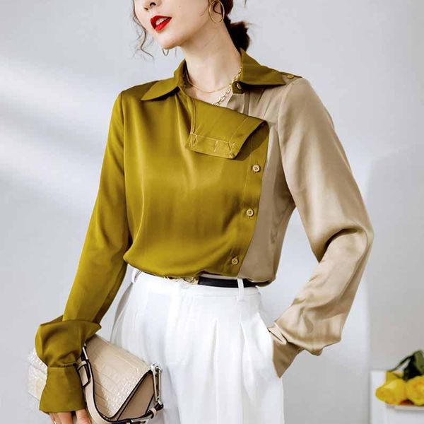 

100% silk women's shirt turn down collar long sleeves asymmetrical color block elegant blouse fashion camisas, White
