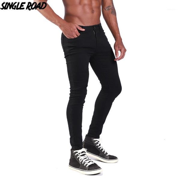

single road super skinny jeans men 2021 fashion denim pants man elastic waist black mens brand stretch jeans male european size1, Blue